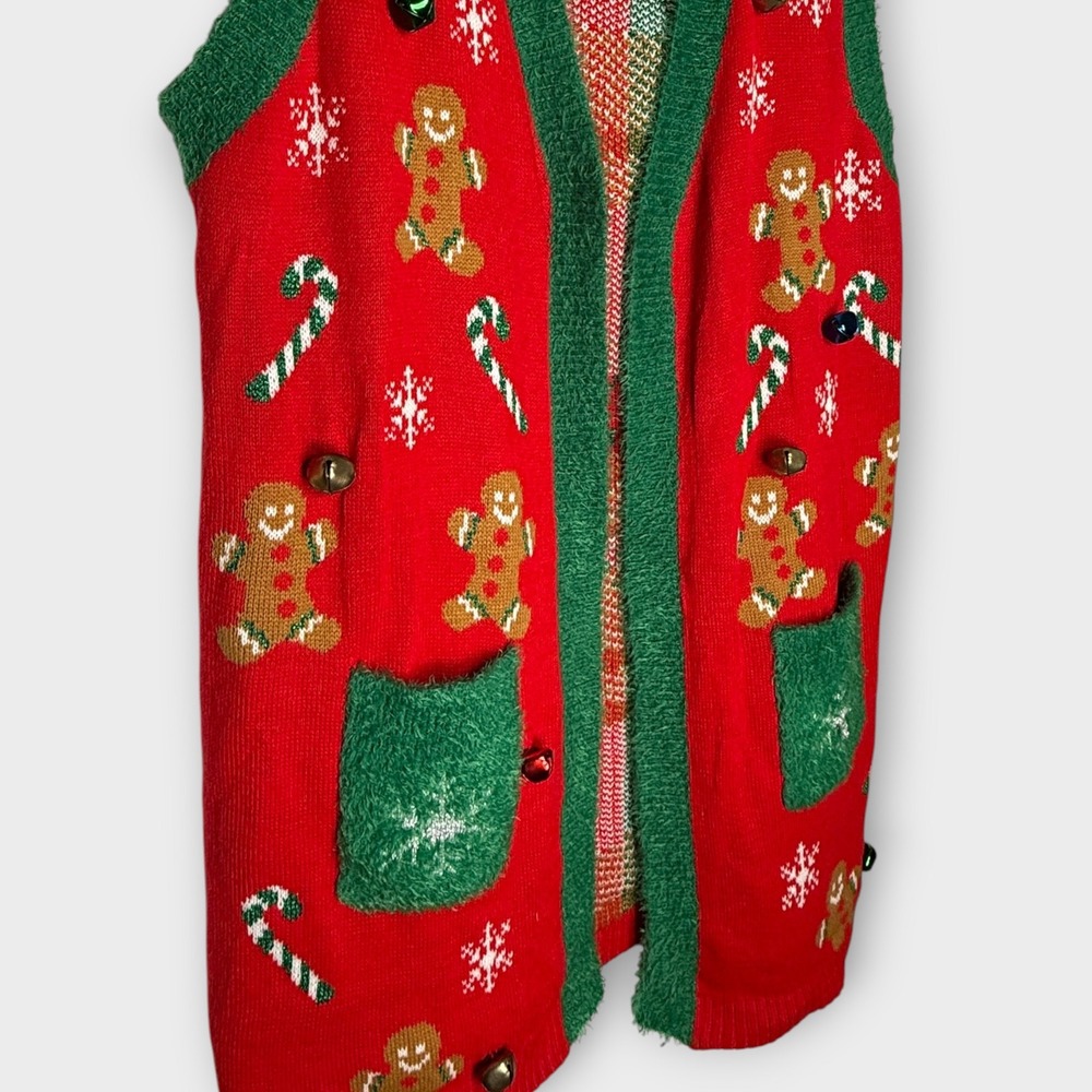 Cute Ugly Christmas Sweater Long Vest
Gingerbread Man Candy Cane Jingle Bells 2X - Picture 3 of 7